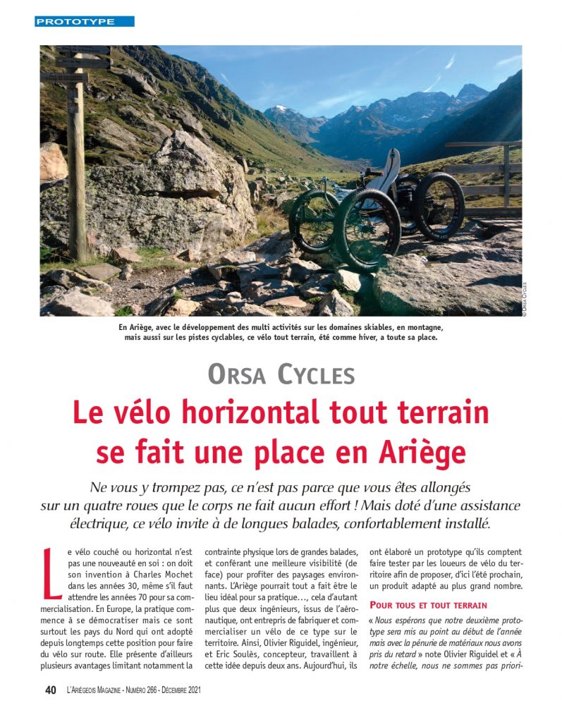 Extrait de l'Ariegeois magazine numéro 266 - article sur Orsa cycles - page 1